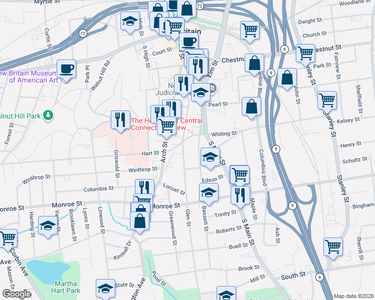 map of restaurants, bars, coffee shops, grocery stores, and more near 200 Glen Street in New Britain