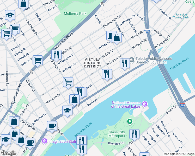map of restaurants, bars, coffee shops, grocery stores, and more near 1202 North Superior Street in Toledo