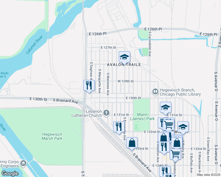 map of restaurants, bars, coffee shops, grocery stores, and more near 2814 East 130th Street in Chicago