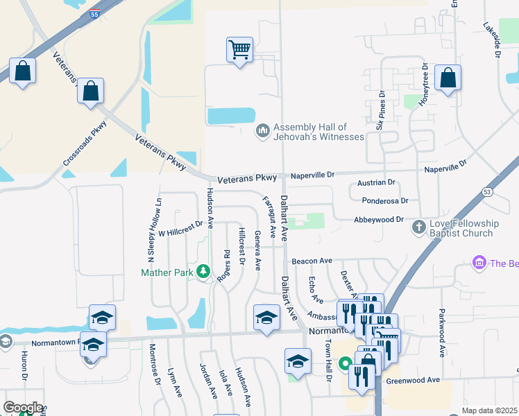 map of restaurants, bars, coffee shops, grocery stores, and more near 755 Geneva Avenue in Romeoville