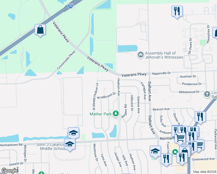 map of restaurants, bars, coffee shops, grocery stores, and more near 492 West Hillcrest Drive in Romeoville