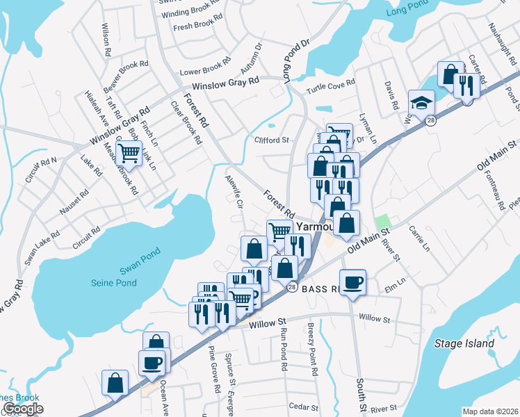 map of restaurants, bars, coffee shops, grocery stores, and more near 11 Carol Road in Yarmouth