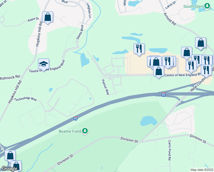 map of restaurants, bars, coffee shops, grocery stores, and more near 16111 Patriot Way in West Greenwich
