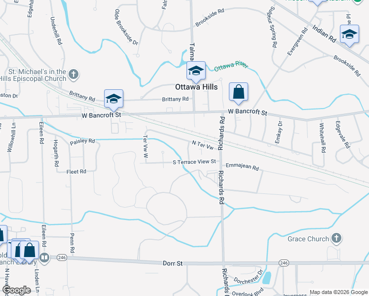 map of restaurants, bars, coffee shops, grocery stores, and more near 4236 South Terrace View Street in Toledo