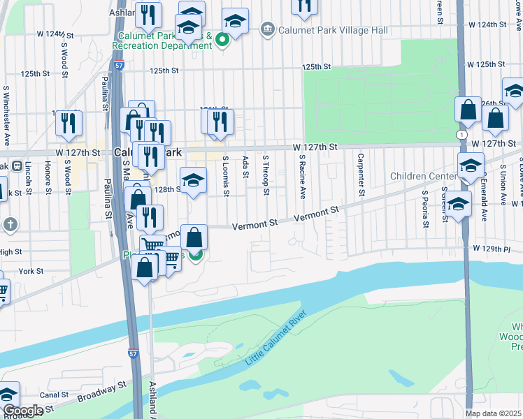 map of restaurants, bars, coffee shops, grocery stores, and more near 12832 South Throop Street in Calumet Park