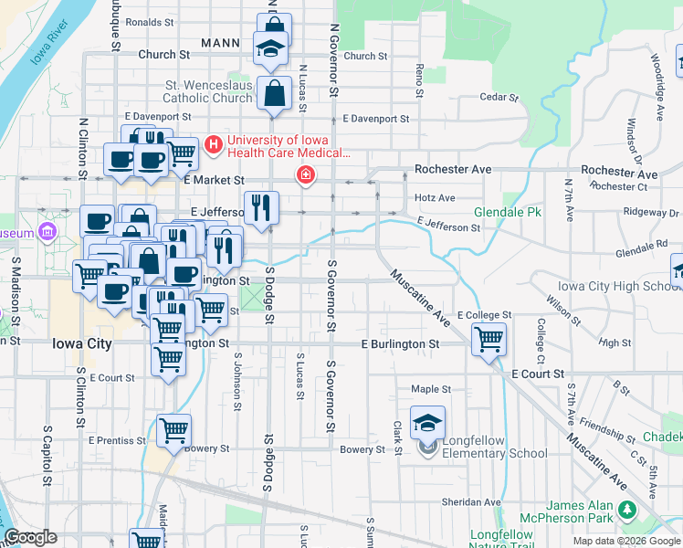 map of restaurants, bars, coffee shops, grocery stores, and more near 903 Iowa Avenue in Iowa City