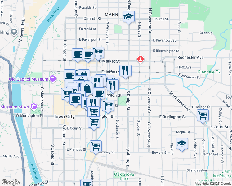 map of restaurants, bars, coffee shops, grocery stores, and more near 6 South Johnson Street in Iowa City