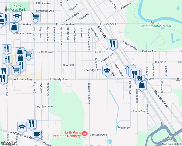 map of restaurants, bars, coffee shops, grocery stores, and more near 2525 Pleasant Plain Avenue in Elkhart