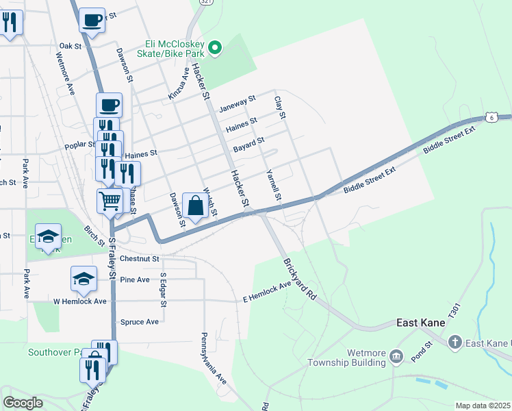 map of restaurants, bars, coffee shops, grocery stores, and more near 110-198 Hacker St in Kane