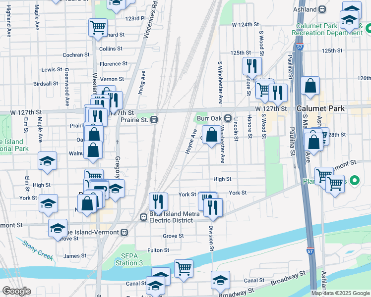 map of restaurants, bars, coffee shops, grocery stores, and more near 12822 Hoyne Avenue in Blue Island