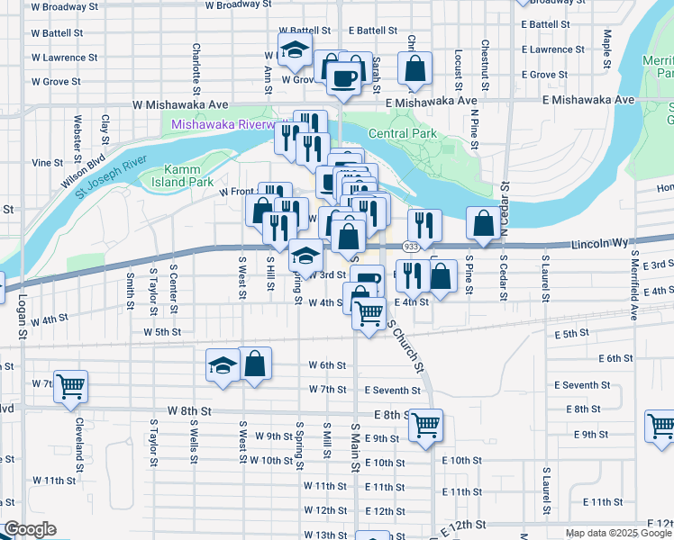 map of restaurants, bars, coffee shops, grocery stores, and more near in Mishawaka