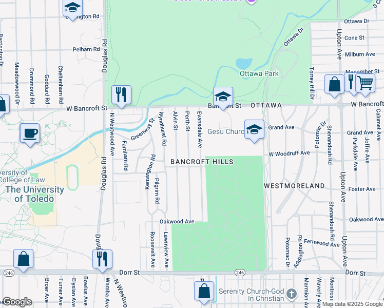 map of restaurants, bars, coffee shops, grocery stores, and more near 2054 Perth Street in Toledo
