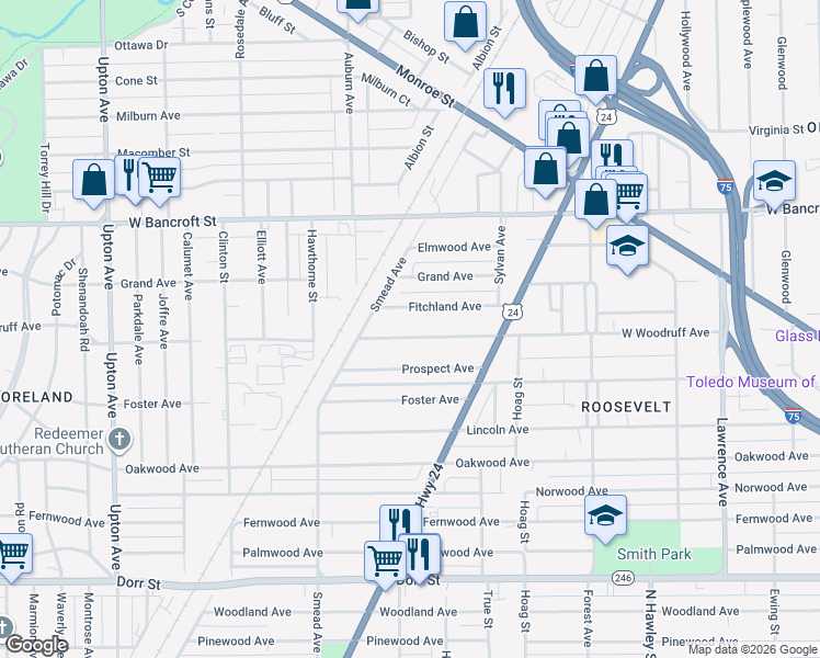 map of restaurants, bars, coffee shops, grocery stores, and more near 1398 Fitchland Avenue in Toledo
