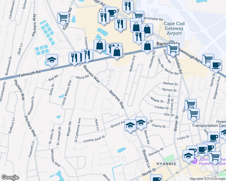 map of restaurants, bars, coffee shops, grocery stores, and more near 7 Quaker Road in Barnstable