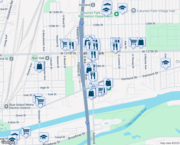 map of restaurants, bars, coffee shops, grocery stores, and more near 12800 South Ashland Avenue in Calumet Park
