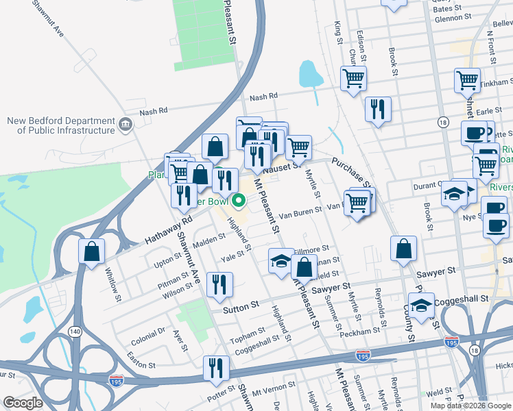 map of restaurants, bars, coffee shops, grocery stores, and more near 395 Mount Pleasant Street in New Bedford
