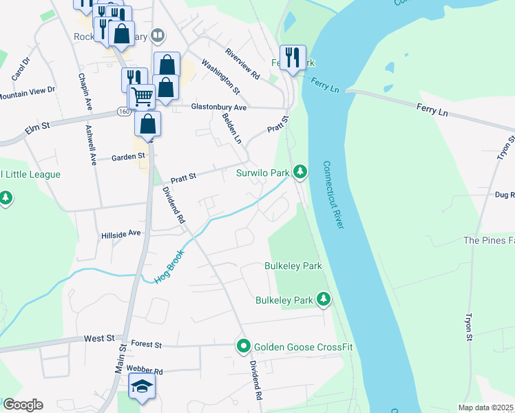 map of restaurants, bars, coffee shops, grocery stores, and more near 1 Brookwood Drive in Rocky Hill
