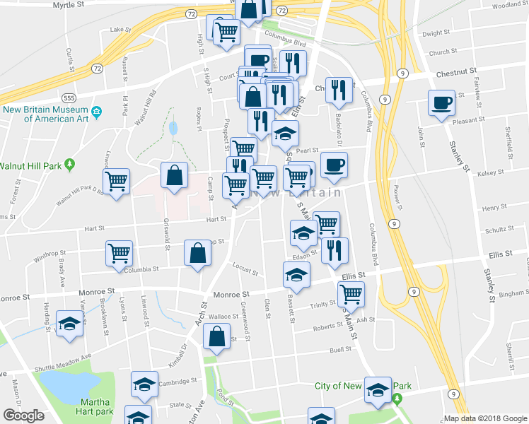 map of restaurants, bars, coffee shops, grocery stores, and more near 56 Whiting Street in New Britain
