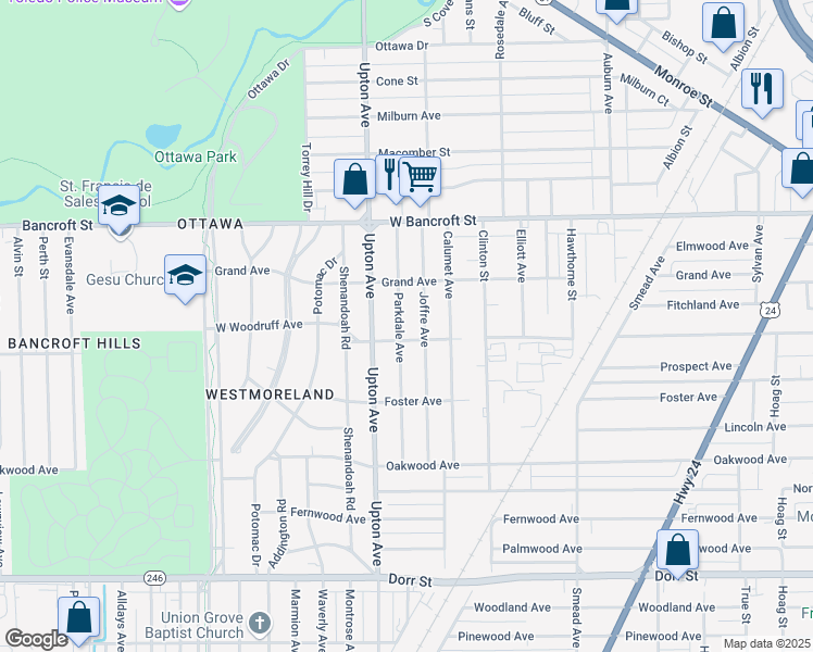 map of restaurants, bars, coffee shops, grocery stores, and more near 2033 Parkdale Avenue in Toledo