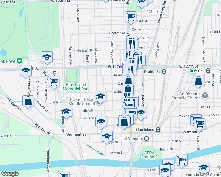 map of restaurants, bars, coffee shops, grocery stores, and more near 12757 Greenwood Avenue in Blue Island