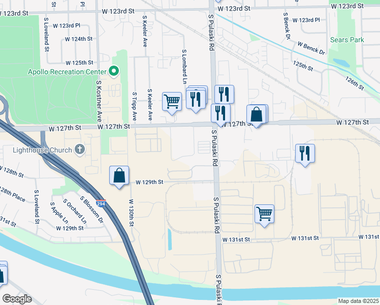 map of restaurants, bars, coffee shops, grocery stores, and more near 4041 West 127th Street in Alsip
