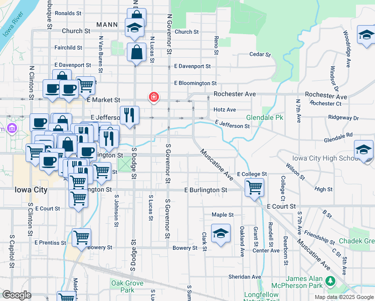 map of restaurants, bars, coffee shops, grocery stores, and more near 943 Iowa Avenue in Iowa City