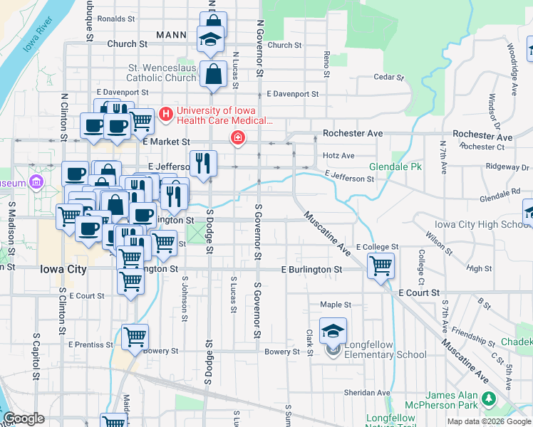 map of restaurants, bars, coffee shops, grocery stores, and more near 903 Iowa Avenue in Iowa City