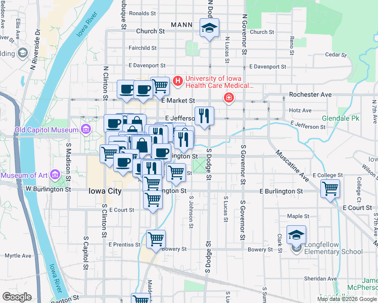 map of restaurants, bars, coffee shops, grocery stores, and more near 6 South Johnson Street in Iowa City