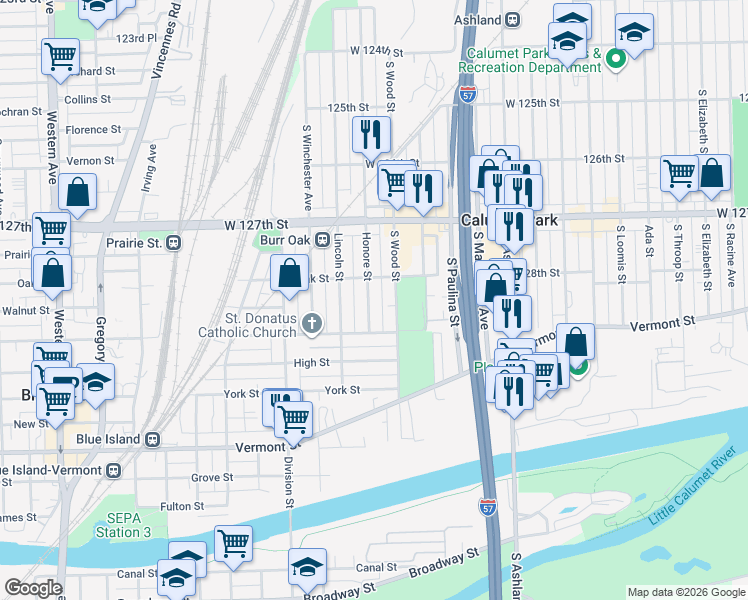 map of restaurants, bars, coffee shops, grocery stores, and more near 12823 Honore Street in Blue Island