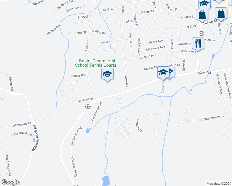 map of restaurants, bars, coffee shops, grocery stores, and more near 492 Connecticut 69 in Bristol
