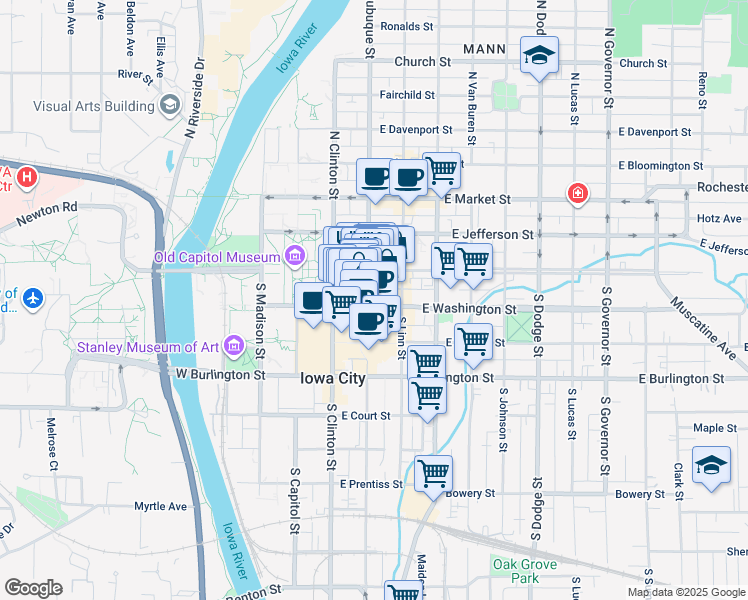 map of restaurants, bars, coffee shops, grocery stores, and more near 4 South Dubuque Street in Iowa City