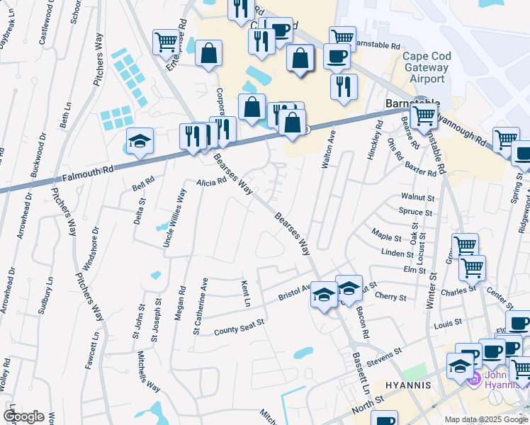 map of restaurants, bars, coffee shops, grocery stores, and more near 371 Bearses Way in Barnstable