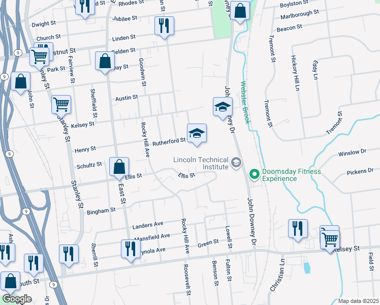 map of restaurants, bars, coffee shops, grocery stores, and more near 142 Rutherford Street in New Britain