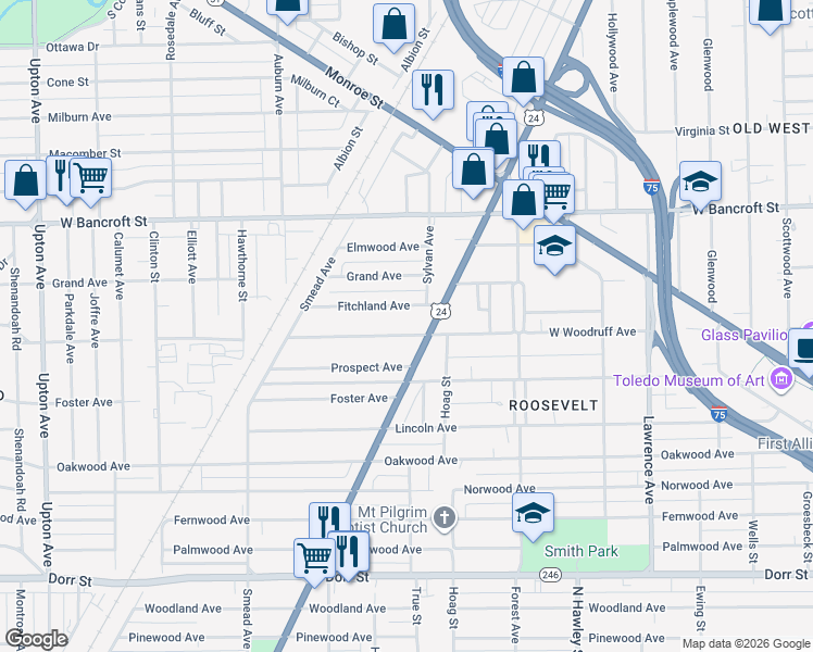 map of restaurants, bars, coffee shops, grocery stores, and more near 1314 Fitchland Avenue in Toledo