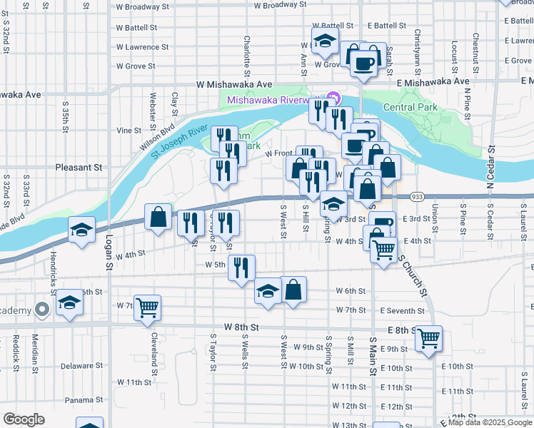 map of restaurants, bars, coffee shops, grocery stores, and more near 517 519 521 523 525 L W West in Mishawaka