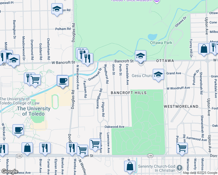 map of restaurants, bars, coffee shops, grocery stores, and more near 2030 Wyndhurst Road in Toledo