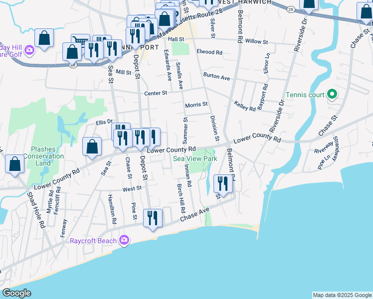 map of restaurants, bars, coffee shops, grocery stores, and more near 470 Lower County Road in Dennis