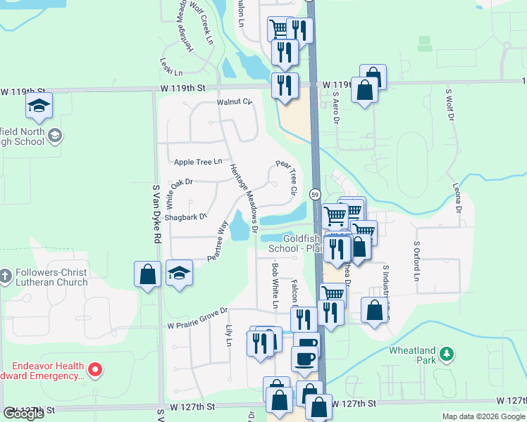 map of restaurants, bars, coffee shops, grocery stores, and more near 24002 Pear Tree Circle in Plainfield
