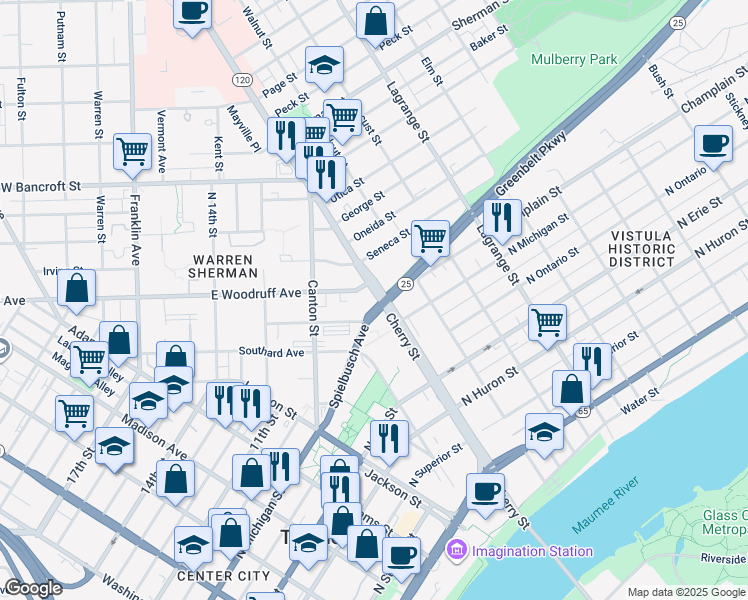 map of restaurants, bars, coffee shops, grocery stores, and more near 1011 Cherry St in Toledo