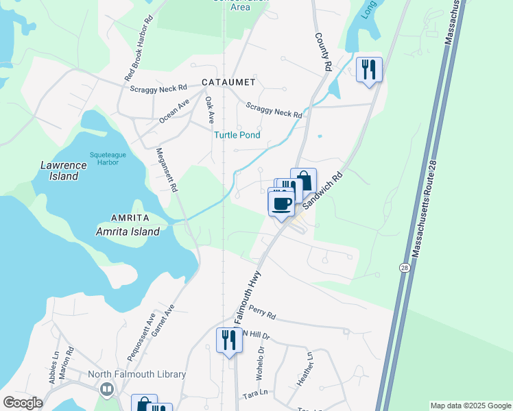 map of restaurants, bars, coffee shops, grocery stores, and more near 4 Tattler Circle in Bourne