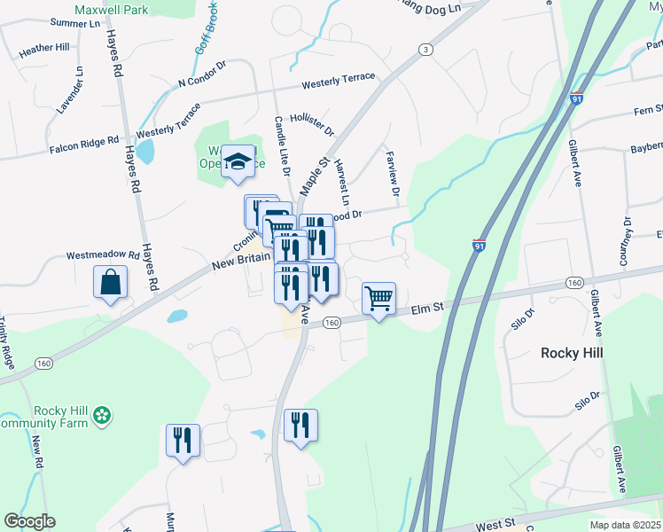 map of restaurants, bars, coffee shops, grocery stores, and more near 81 Copper Beech Drive in Rocky Hill