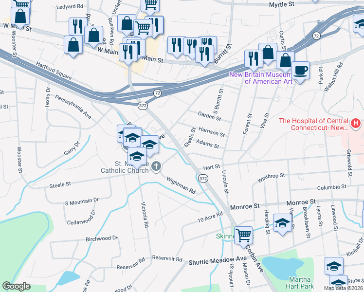 map of restaurants, bars, coffee shops, grocery stores, and more near 911 Corbin Avenue in New Britain