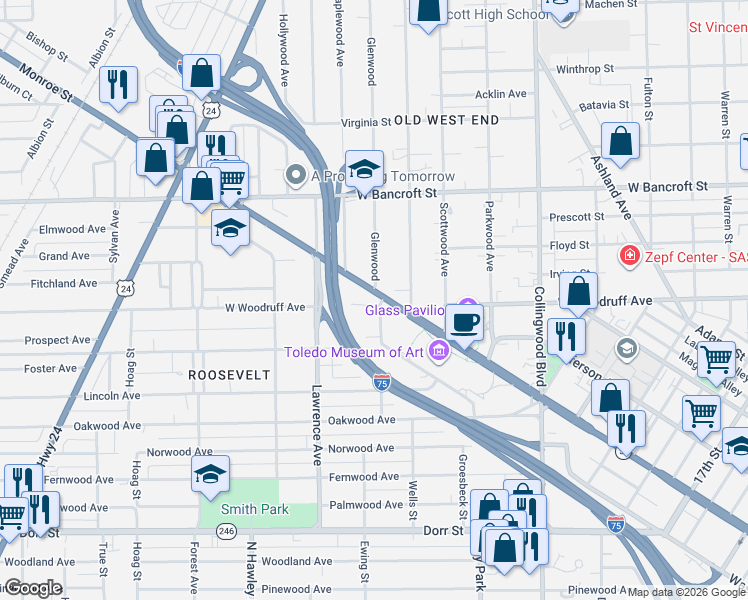 map of restaurants, bars, coffee shops, grocery stores, and more near 2024 Glenwood in Toledo