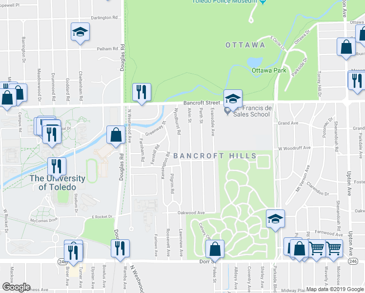 map of restaurants, bars, coffee shops, grocery stores, and more near 2051 Alvin Street in Toledo