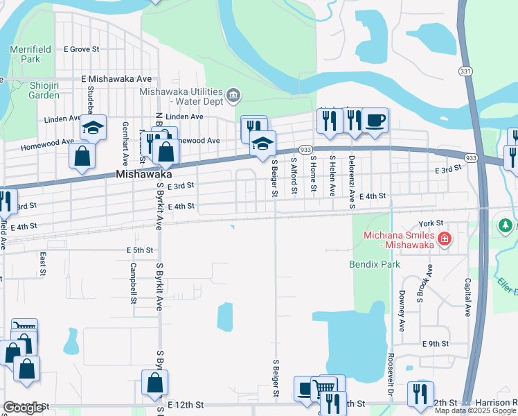 map of restaurants, bars, coffee shops, grocery stores, and more near 211 South Beiger Street in Mishawaka
