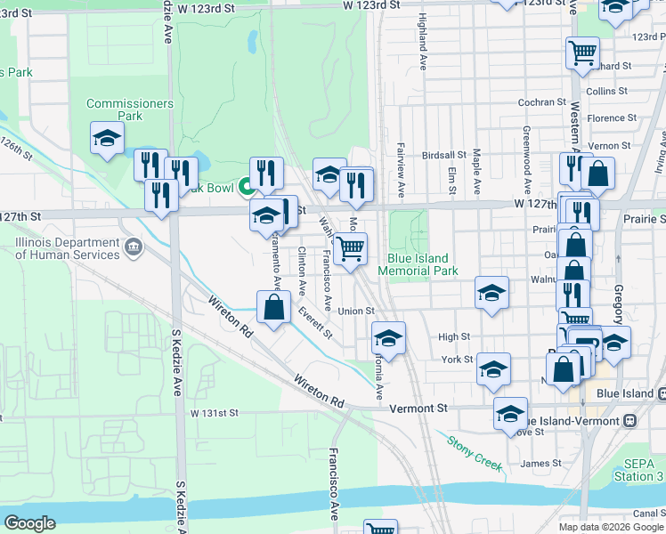 map of restaurants, bars, coffee shops, grocery stores, and more near 12749 Mozart Street in Blue Island