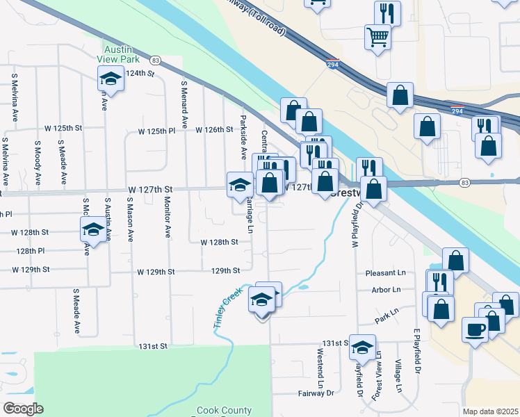 map of restaurants, bars, coffee shops, grocery stores, and more near 5601 West 127th Street in Crestwood