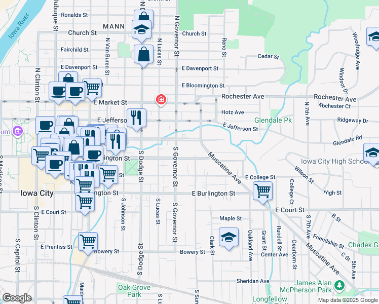 map of restaurants, bars, coffee shops, grocery stores, and more near 943 Iowa Avenue in Iowa City