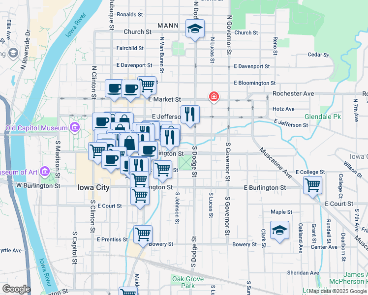 map of restaurants, bars, coffee shops, grocery stores, and more near 6 South Johnson Street in Iowa City