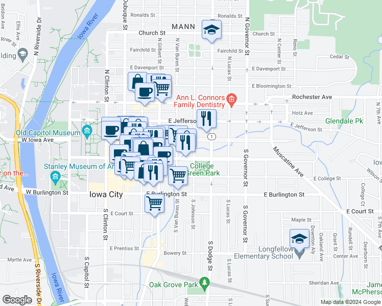 map of restaurants, bars, coffee shops, grocery stores, and more near 6 South Johnson Street in Iowa City